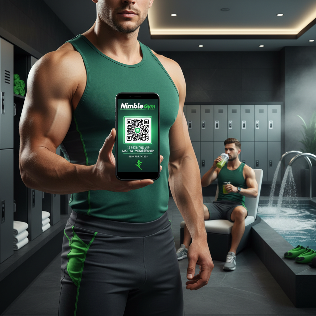 NimbLe Gym VIP Pass - Lifestyle Shot with QR Code, Locker Room & Spa